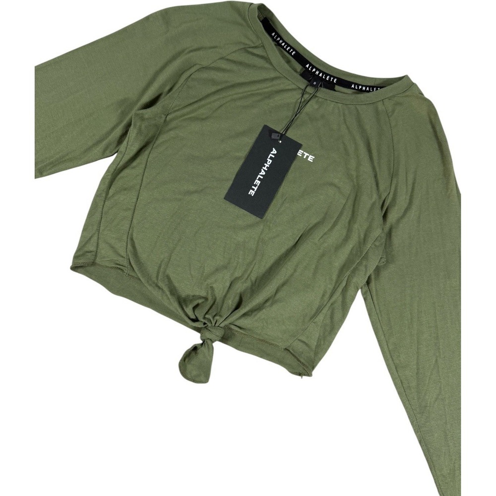 Alphalete Tie Front Crop Top Womens S Olive Green Long Sleeve Athletic